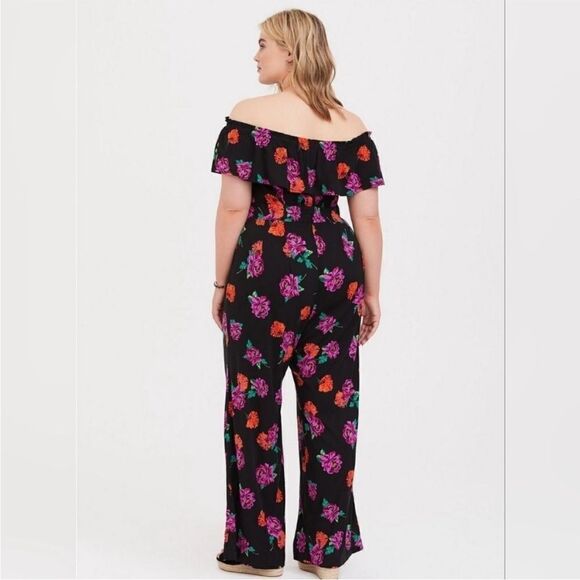 Torrid Black Floral Off Shoulder Design Contemporary Boho Feminine Jumpsuit - Picture 2 of 16